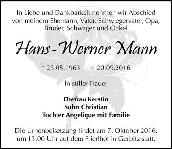 Traueranzeige von Hans-Werner Mann von Mitteldeutsche Zeitung Bernburg