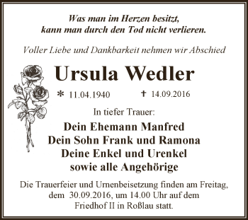 Traueranzeige von Ursula Wedler von WVG - Wochenspiegel Dessau / Köthen