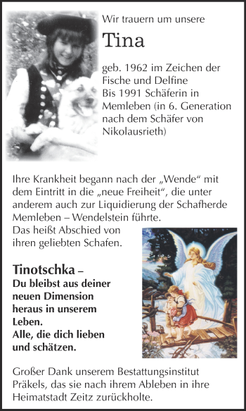 Traueranzeige von Tina  von Super Sonntag Zeitz