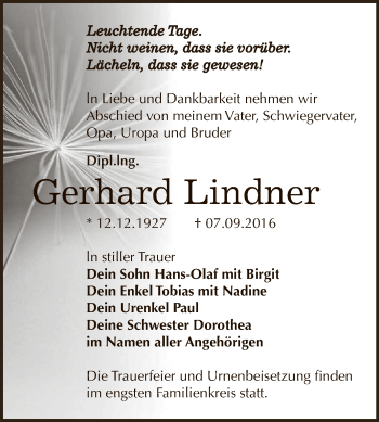 Traueranzeige von Gerhard Lindner von WVG - Wochenspiegel Dessau / Köthen