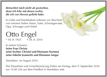 Traueranzeige von Otto Engel von Mitteldeutsche Zeitung Mansfelder Land