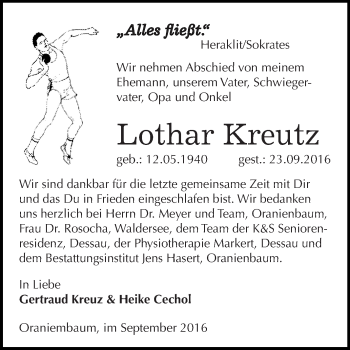 Traueranzeige von Lothar Kreutz von Super Sonntag Wittenberg