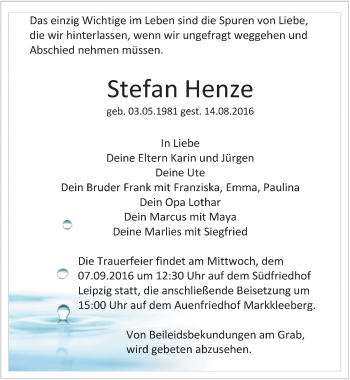 Traueranzeige von Stefan Henze von Mitteldeutsche Zeitung Halle/Saalkreis