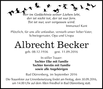 Traueranzeige von Albrecht Becker von Mitteldeutsche Zeitung Merseburg/Querfurt