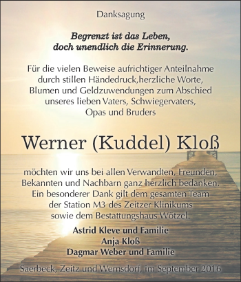 Traueranzeige von Werner  Kloß von Super Sonntag Zeitz