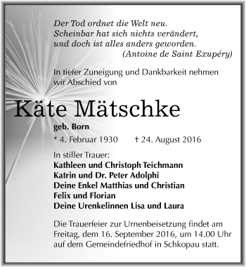 Traueranzeige von Käte Mätschke von Mitteldeutsche Zeitung Merseburg/Querfurt