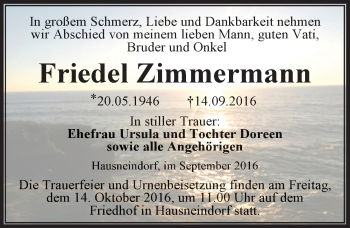 Traueranzeige von Friedel Zimmermann von Mitteldeutsche Zeitung Quedlinburg