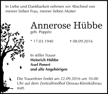 Traueranzeige von Annerose Hübbe von Mitteldeutsche Zeitung Dessau-Roßlau