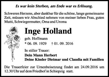 Traueranzeige von Inge Holland von Mitteldeutsche Zeitung Halle/Saalkreis