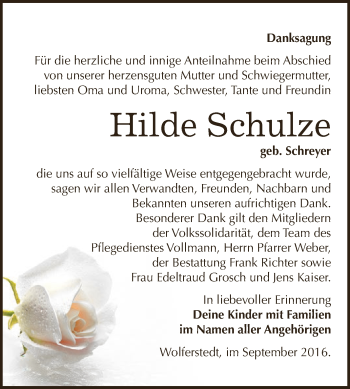 Traueranzeige von Hilde Schulze von Super Sonntag SGH Mansf. Land