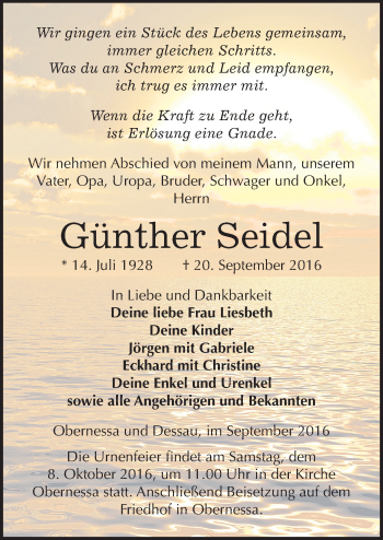 Traueranzeige von Günther Seidel von Mitteldeutsche Zeitung Weißenfels