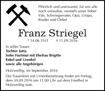 Traueranzeige von Franz Striegel von Mitteldeutsche Zeitung Bitterfeld
