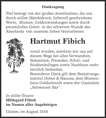 Traueranzeige von Hartmut Fibich von Super Sonntag Bernburg