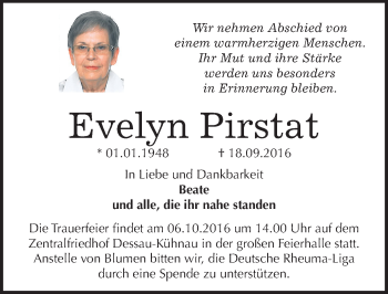 Traueranzeige von Evelyn Pirstat von Mitteldeutsche Zeitung Dessau-Roßlau