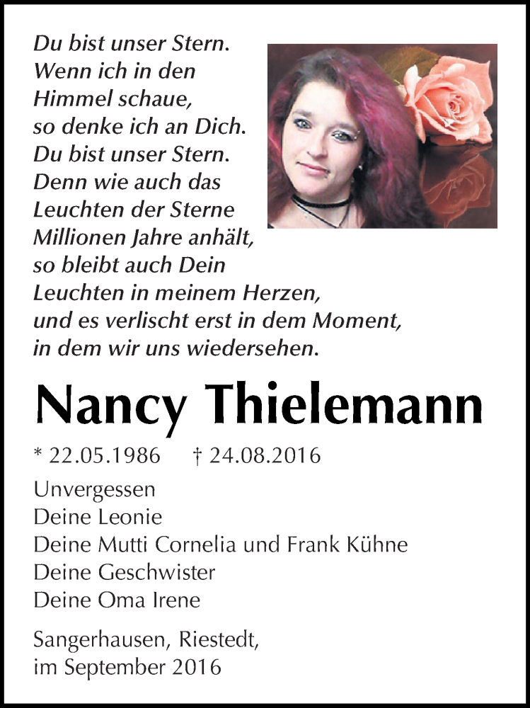  Traueranzeige für Nancy Thielemann vom 24.09.2016 aus Super Sonntag SGH Mansf. Land