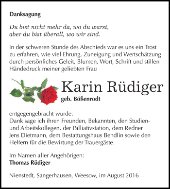 Traueranzeige von Karin Rüdiger von Super Sonntag SGH Mansf. Land