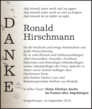 Traueranzeige von Ronald Hirschmann von Mitteldeutsche Zeitung Sangerhausen