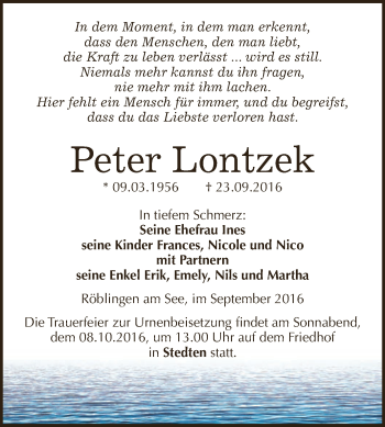 Traueranzeige von Peter Lontzek von Super Sonntag SGH Mansf. Land