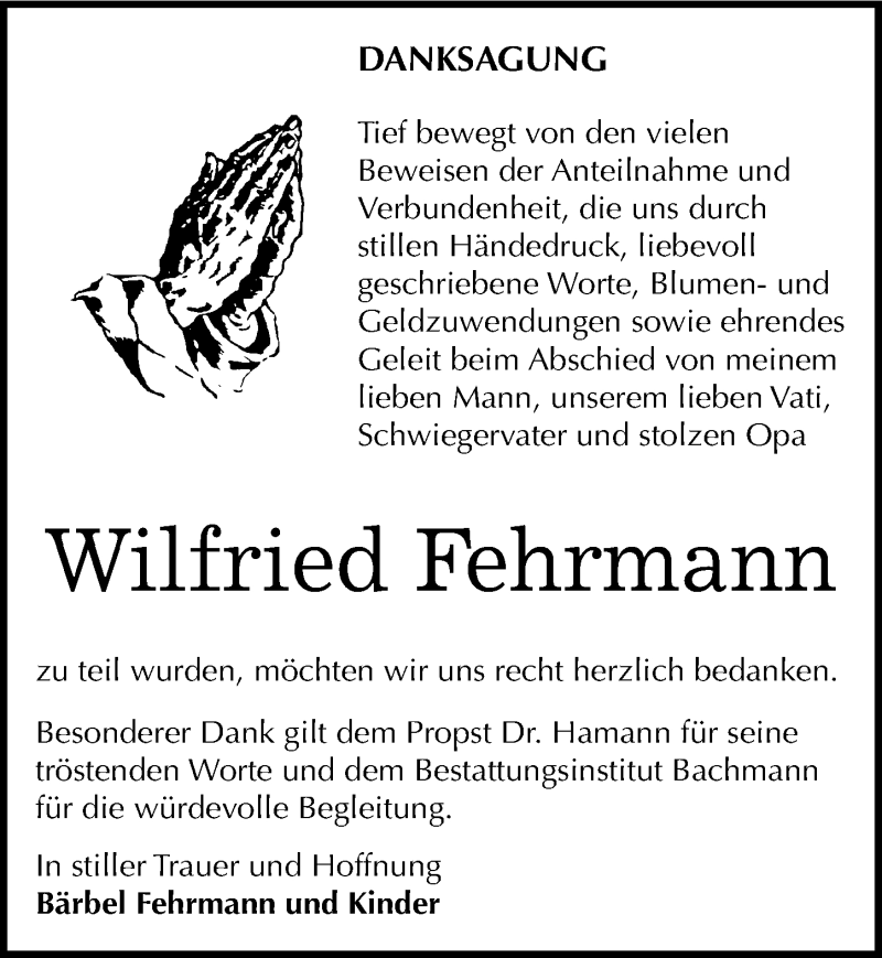  Traueranzeige für Wilfried Fehrmann vom 22.09.2016 aus Mitteldeutsche Zeitung Dessau-Roßlau