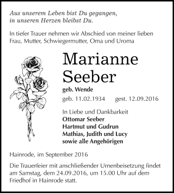 Traueranzeige von Marianne Seeber von Super Sonntag SGH Mansf. Land