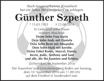 Traueranzeige von Günther Szpeth von WVG - Wochenspiegel Bitterfeld
