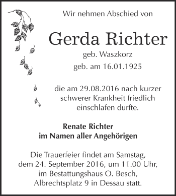 Traueranzeige von Gerda Richter von WVG - Wochenspiegel Dessau / Köthen