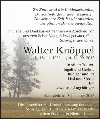 Traueranzeige von Walter Knöppel von Mitteldeutsche Zeitung Sangerhausen