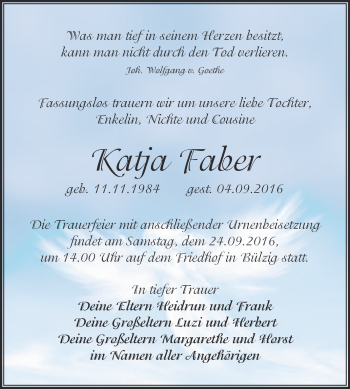 Traueranzeige von Katja Faber von WVG - Wochenspiegel Wittenberg