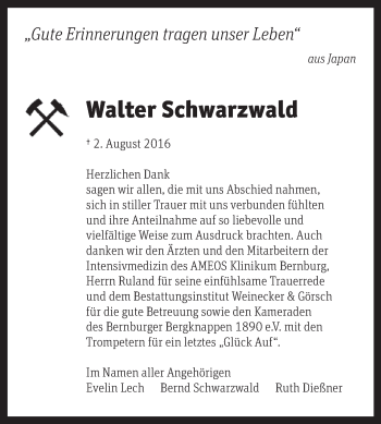Traueranzeige von Walter Schwarzwald von Super Sonntag Bernburg