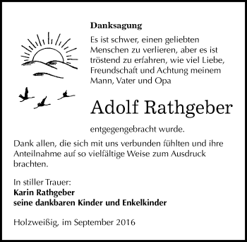 Traueranzeige von Adolf Rathgeber von Mitteldeutsche Zeitung Bitterfeld