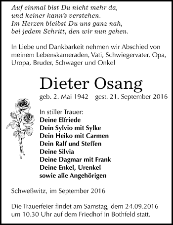 Traueranzeige von Dieter Osang von Mitteldeutsche Zeitung Weißenfels