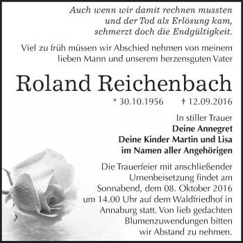 Traueranzeige von Roland Reichenbach von WVG - Wochenspiegel Wittenberg