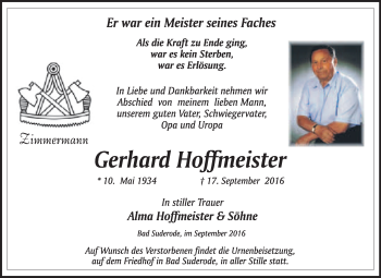 Traueranzeige von Gerhard Hoffmeister von WVG - Wochenspiegel Quedlinburg