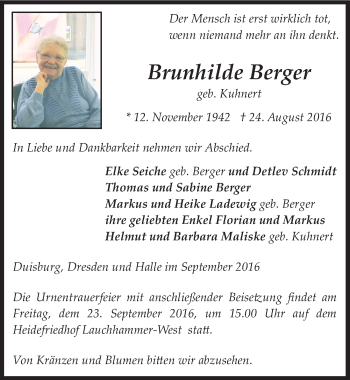 Traueranzeige von Brunhilde Berger von Mitteldeutsche Zeitung Halle/Saalkreis