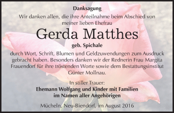 Traueranzeige von Gerda Matthes von Mitteldeutsche Zeitung Merseburg/Querfurt