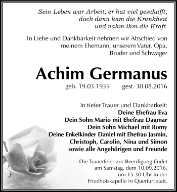 Traueranzeige von Achim Germanus von Mitteldeutsche Zeitung Merseburg/Querfurt