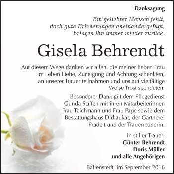 Traueranzeige von Gisela Behrendt von WVG - Wochenspiegel Quedlinburg
