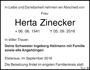 Traueranzeige von Herta Zinecker von Super Sonntag Zeitz