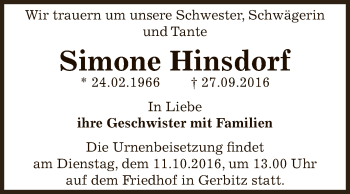 Traueranzeige von Simone Hinsdorf von Super Sonntag Bernburg