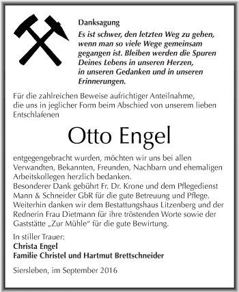 Traueranzeige von Otto Engel von Super Sonntag SGH Mansf. Land