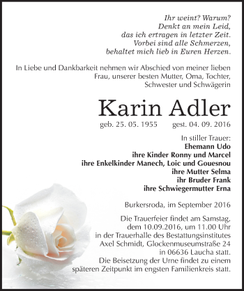 Traueranzeige von Karin Adler von Mitteldeutsche Zeitung Naumburg/Nebra
