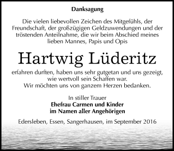 Traueranzeige von Hartwig Lüderitz von Mitteldeutsche Zeitung Sangerhausen