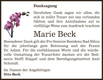 Traueranzeige von Marie Beck von WVG - Wochenspiegel NMB / WSF / ZTZ