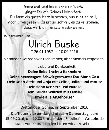 Traueranzeige von Ulrich Buske von Mitteldeutsche Zeitung Sangerhausen