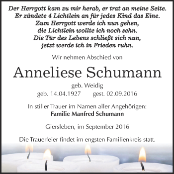 Traueranzeige von Anneliese Schumann von Super Sonntag Aschersleben