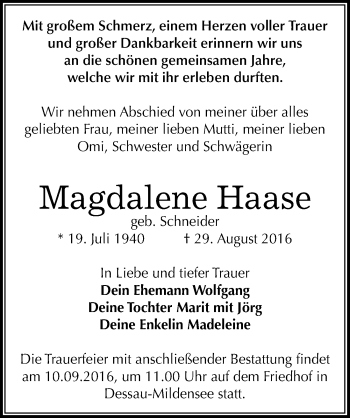 Traueranzeige von Magdalene Haase von Mitteldeutsche Zeitung Dessau-Roßlau