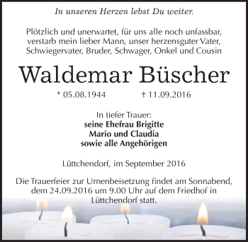 Traueranzeige von Waldemar Büscher von Mitteldeutsche Zeitung Mansfelder Land