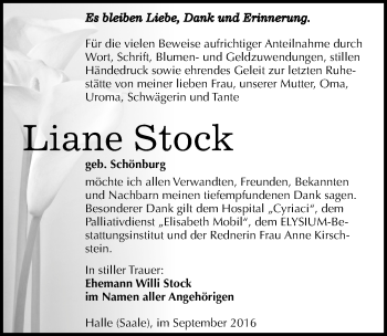 Traueranzeige von Liane Stock von Mitteldeutsche Zeitung Halle/Saalkreis