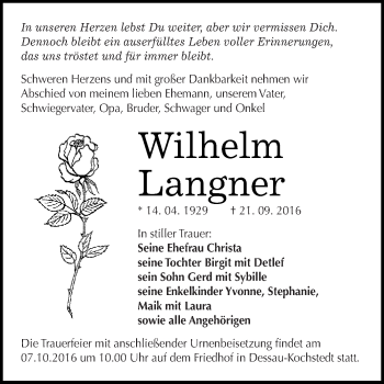 Traueranzeige von Wilhelm Langner von WVG - Wochenspiegel Dessau / Köthen