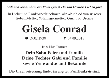 Traueranzeige von Gisela Conrad von WVG - Wochenspiegel Dessau / Köthen